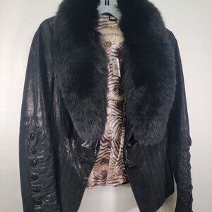 Stylish Black Leather Jacket with Faux Fur Collar Size S